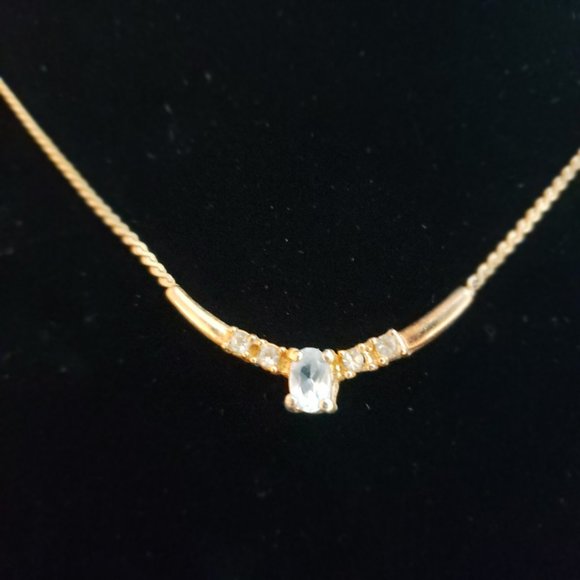 NECKLACE Gold Tone With 4 Small Clear & 1 Center Sky Blue Rhinestones 19” - Picture 7 of 16